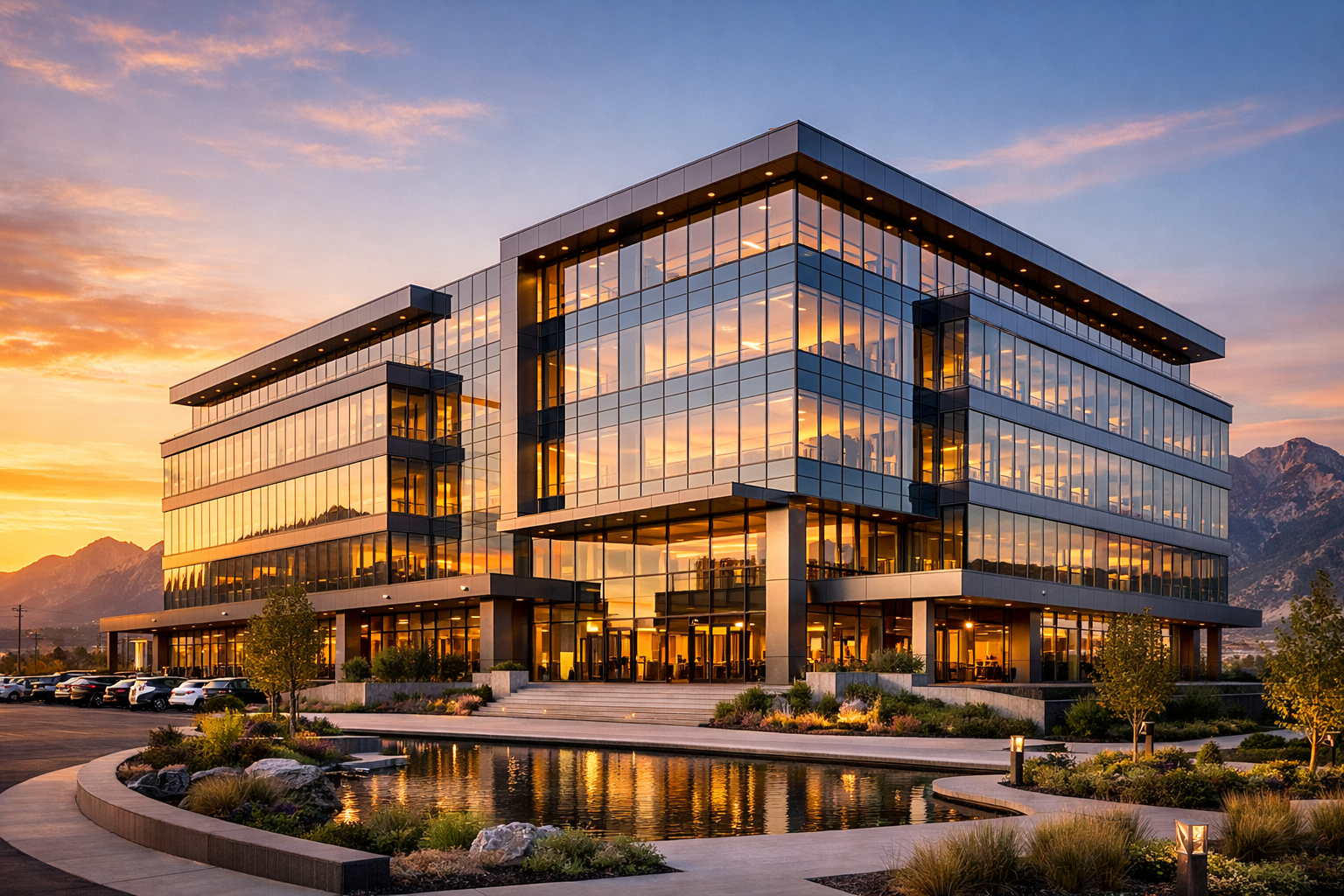 Modern office tower representing premium business management